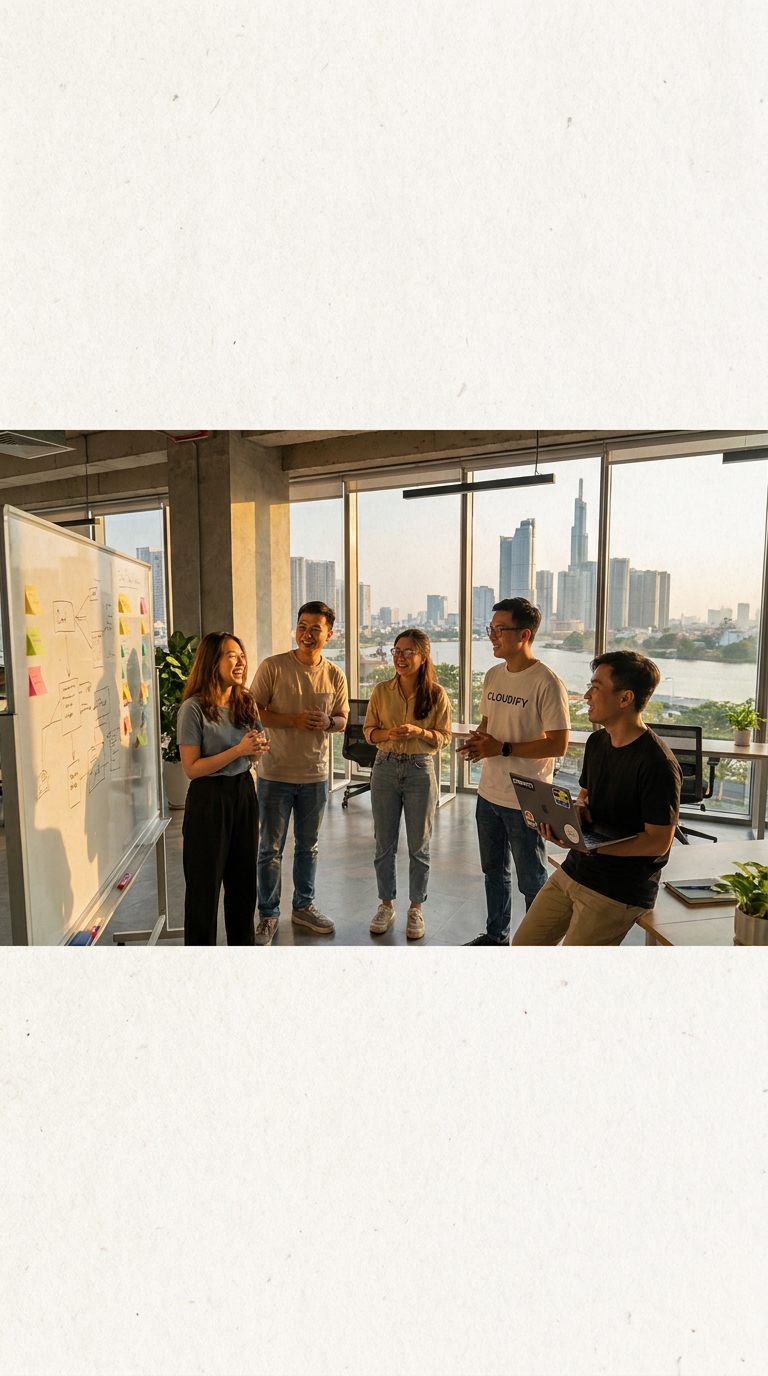 Minh họa một nhân viên tài năng đang cân nhắc ở lại SME hay chuyển sang công ty lớn, với biểu đồ so sánh các yếu tố giữ chân người tài